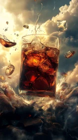 Surreal Beverage Composition with Liquid Splash and Atmospheric Elements