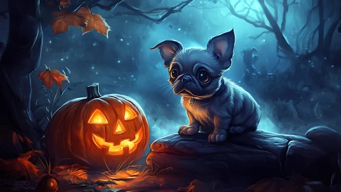 Small bulldog watches glowing jack o lantern in misty forest