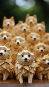 Cluster of carved wooden dog figurines on display outdoors.