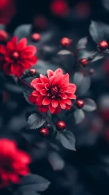 Vibrant Red Dahlias Against Moody Dark Foliage.