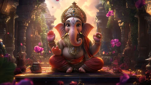 Vibrant digital artwork of Lord Ganesha in ornate temple setting.
