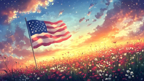 Sunlit stripes breathe over wildflowers and a burning sky