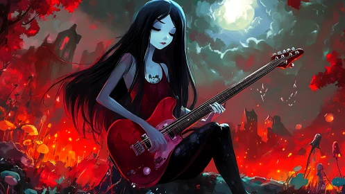 Moonlit gothic guitarist plays in fiery red fantasy landscape.