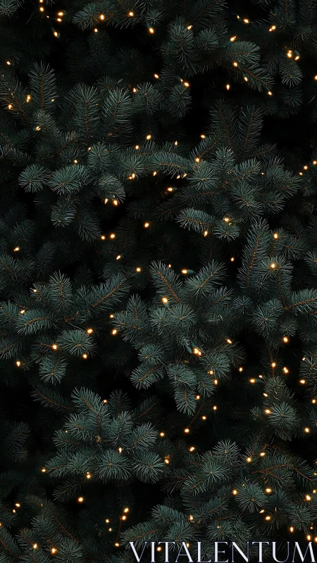 Dense evergreen branches with uniformly spaced string lights.