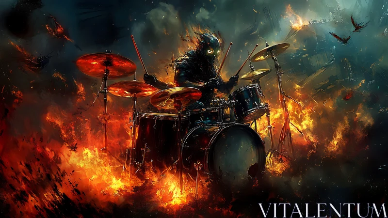 Digital painting of infernal drummer in blazing stage void.
