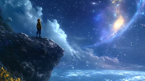 Stargazing wanderer hangs dreams over an ocean of clouds