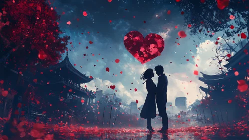 Silhouetted figures positioned beneath large red heart form suspended in atmospheric space.