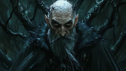 Ancient forest warlock glares through twisted dark branches.
