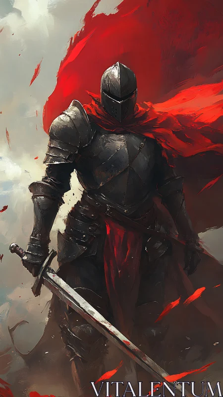 Armored dark knight with red cloak amid swirling embers.