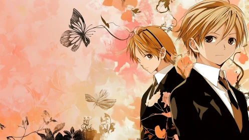 Suited anime twins stand before floral butterfly wash.