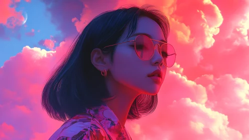 Neon-lit profile portrait under saturated magenta cyan sky