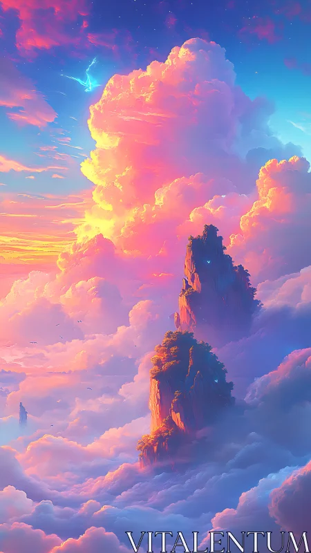 Floating stone peaks rise through vivid pink sunset clouds.