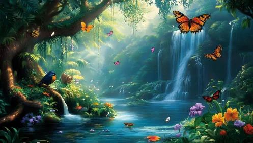 Butterflies and birds in dense forest waterfall habitat.