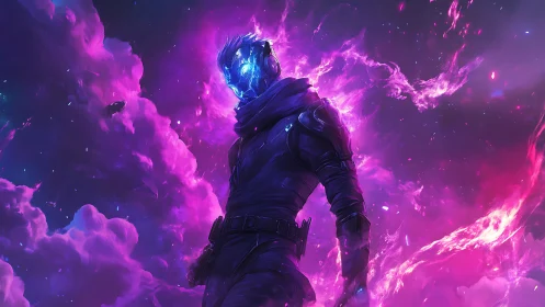 Starlit space wanderer glowing in radiant violet nebula.