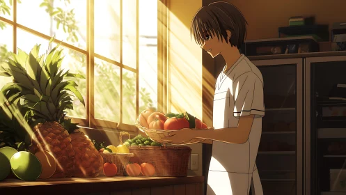 Teen cook arranging ripe fruit in warm backlit kitchen