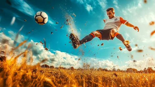 Golden field soccer kick under a bold blue sky.