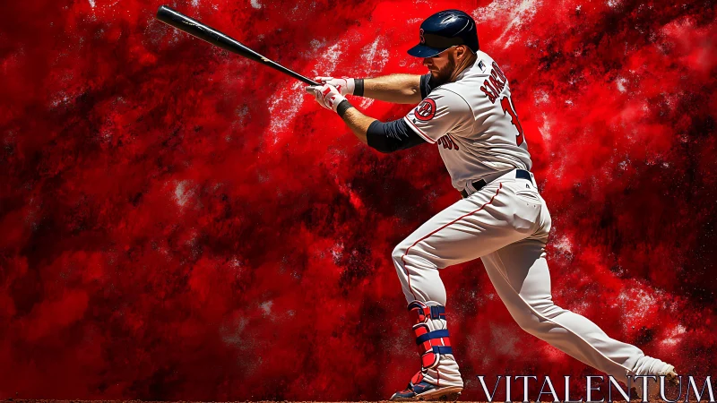 Baseball batter captured mid-swing against red abstract field