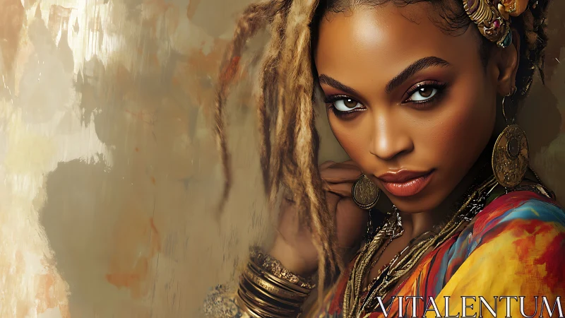 Radiant gaze of bohemian woman in vivid tribal finery.