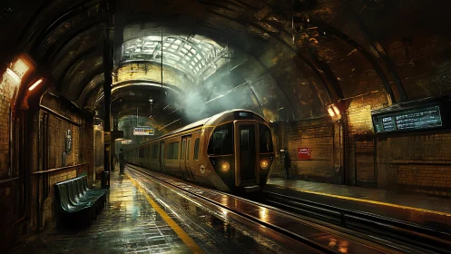 Subway train stands in dim, wet underground station tunnel