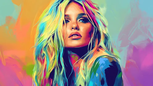 Neon-drenched portrait of woman in fluid, prismatic color fields.