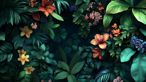 Lush tropical florals encircling deep teal jungle void.