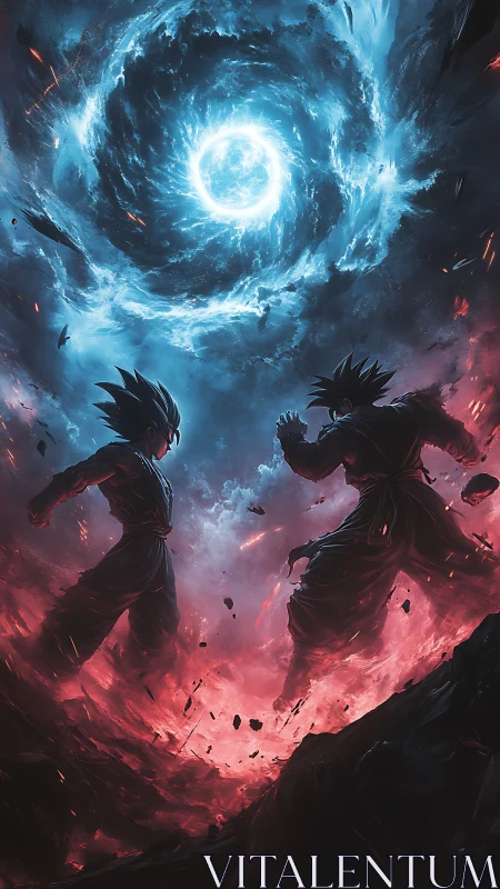 Cosmic warriors clash beneath spiraling blue energy vortex.