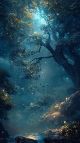 Moonlit enchanted forest glows above quiet reflective stream