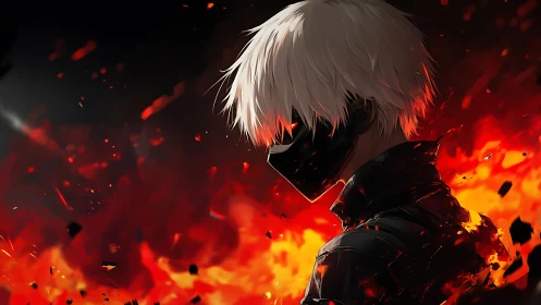 Masked firewalker turns his back on a burning neon dusk.