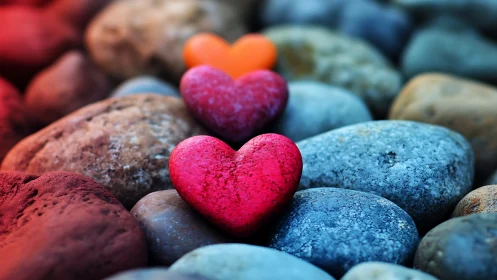 Colored Heart Stones Arranged Against Boulder Composition.