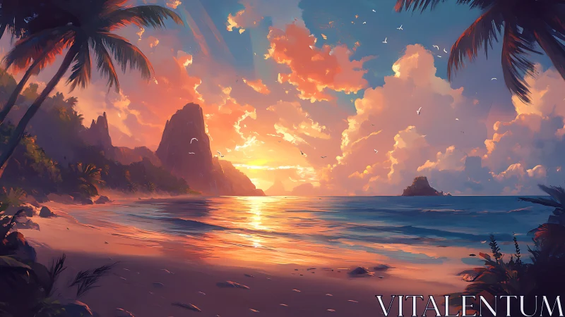 Sunlit tropical beach glows beneath a vivid painted sunset