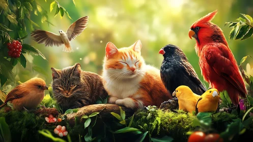 Cats and Colorful Birds Resting in a Sunlit Forest, Digital Art.