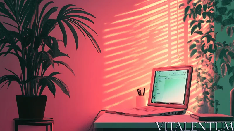 Sunlit laptop workspace in neon coral home office corner.
