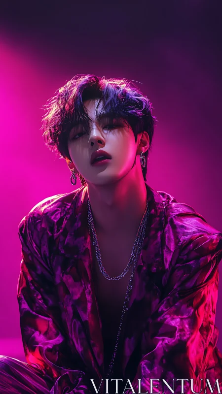 Velvet-lit androgynous idol in neon magenta spotlight.