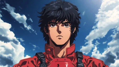 Serious anime pilot in red suit under bright sky.