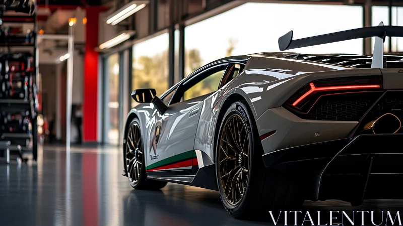 White Lamborghini Huracán in modern indoor garage space.