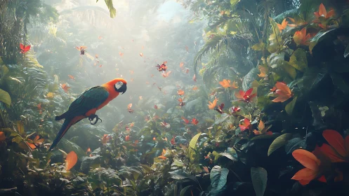 Bright macaw resting in a lush, dreamlit jungle sanctuary.