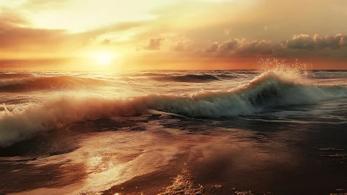 Golden hour surf with luminous waves and warm reflections.