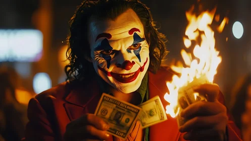 Clown makeup figure burning dollar bills in night setting.