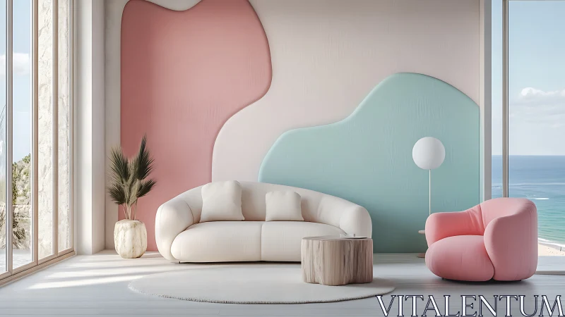 Coastal pastel living room with sculpted accent wall.