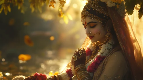 Divine bride bows in golden forest light, petals drifting