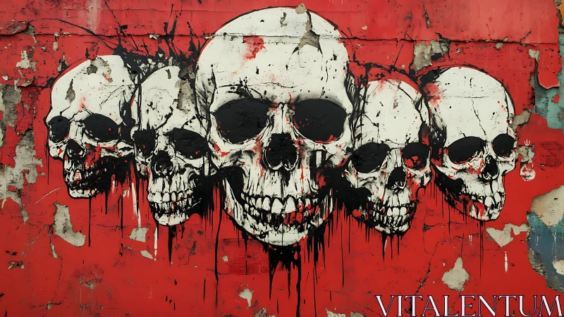 Skulls in red: gritty street mural with bold attitude.