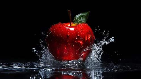 Red apple splashes through water under dramatic light