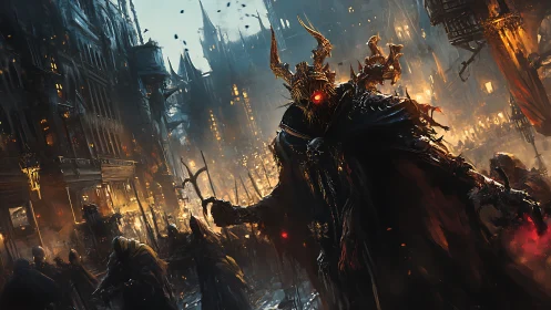 Midnight warlord strides through a burning gothic city street