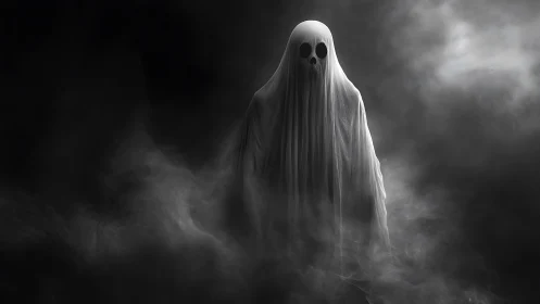 Shrouded specter draped in fog, staring through hollow midnight eyes.