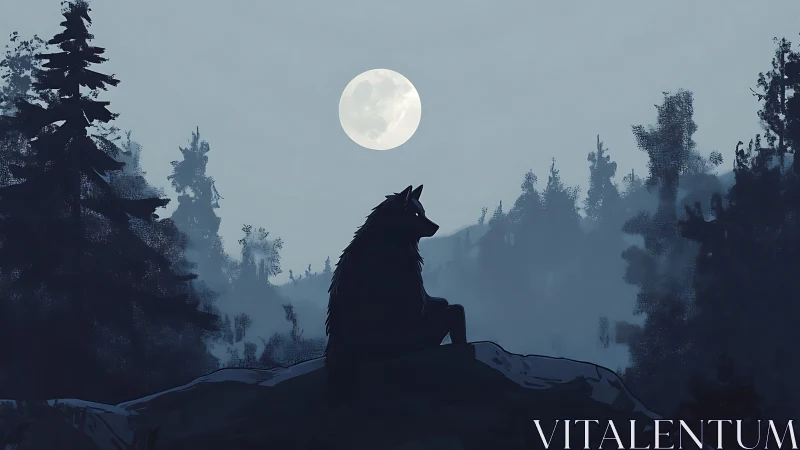 Quiet wolf under a glowing full moon in misty forest night.