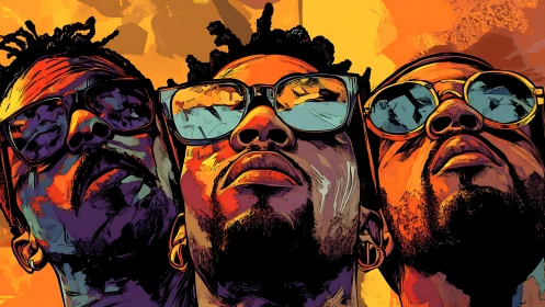 Triadic mirrored portraits in high-saturation vector chroma.