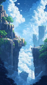Vertical pixel cliffs with distant figures framed by stratified clouds