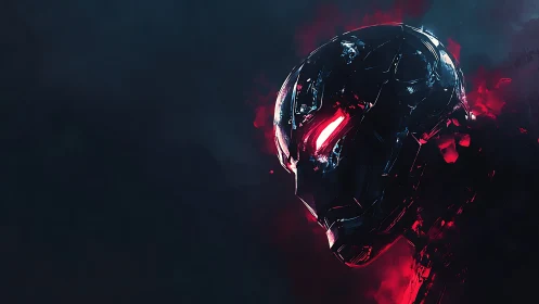 Dark robotic helmet with glowing red eyes in smoke.