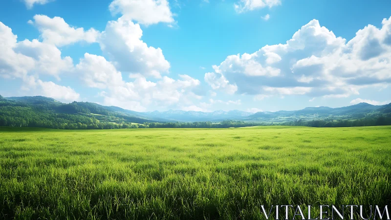 Sunlit green meadow stretches toward distant rolling hills