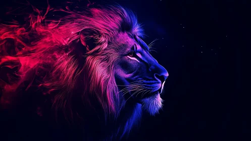 Bioluminescent neon lion profile rendered with dual-tone lighting